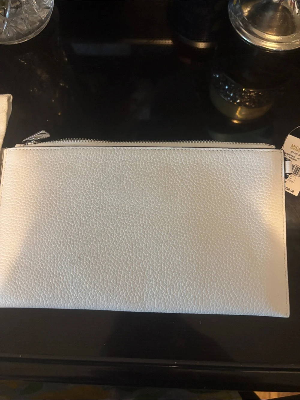 Michael Kors White Pebbled Leather Studded Wristlet Clutch with Silver Studs